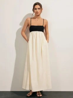 Online Open Back Contrast Pocket Long Dress White Dresses|Casual Dresses
