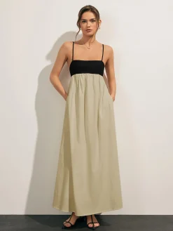 Online Open Back Contrast Pocket Long Dress White Dresses|Casual Dresses