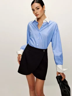 Best Patchwork Pinstripe Lapel Shirt Blouses & Shirts|Matching Sets