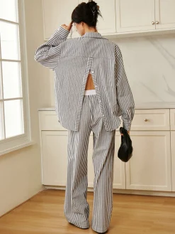 Pinstripe Contrast Binding Wide Leg Pants Long Sleeve Sets|Wide Leg