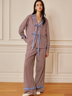New Pinstripe Ruffle Bow Pants Long Sleeve Sets|Pants