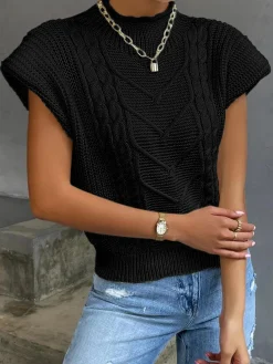 Online Plain Cap Sleeve Sweater Vest Sweater Vests|Sweaters & Cardigans