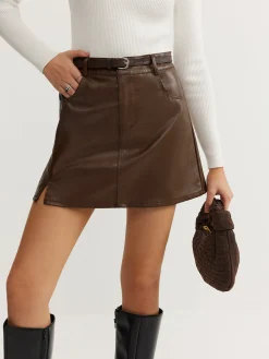 Outlet Plain Faux Leather Belted Skirt Skirts|Bottoms
