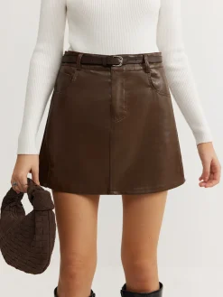 Outlet Plain Faux Leather Belted Skirt Skirts|Bottoms