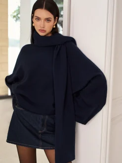 Discount Plain Loose Sweater With Scarf Sweater Tops|Sweaters & Cardigans