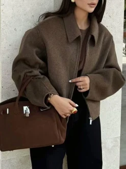 Online Plain Zipper Tweed Jacket Outerwear|Jackets