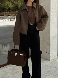 Online Plain Zipper Tweed Jacket Outerwear|Jackets