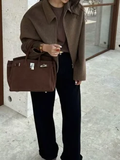 Online Plain Zipper Tweed Jacket Outerwear|Jackets