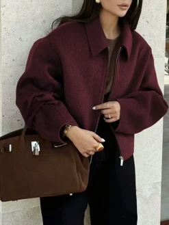 Online Plain Zipper Tweed Jacket Outerwear|Jackets