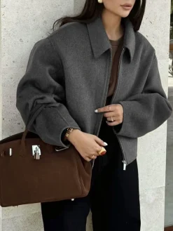 Online Plain Zipper Tweed Jacket Outerwear|Jackets