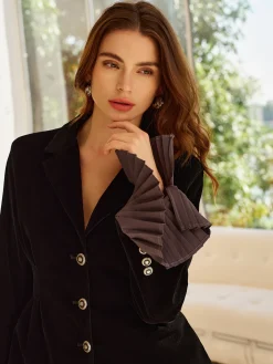 Pleated Ruffle-Cuff Velvet Skirt Set Skirt Sets|Long Sleeve Sets