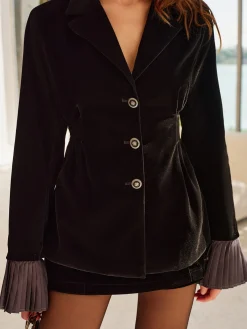 Pleated Ruffle-Cuff Velvet Skirt Set Skirt Sets|Long Sleeve Sets