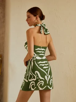 Outlet Print Cut Out Halter Dress Black Dresses|Vacation Dresses