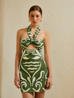 Outlet Print Cut Out Halter Dress Black Dresses|Vacation Dresses