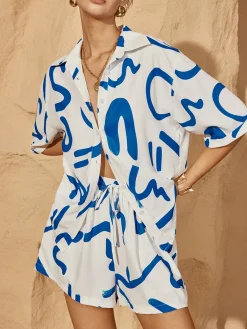 Hot Print Drawstring Shift Shorts Set Shorts Sets|Shorts