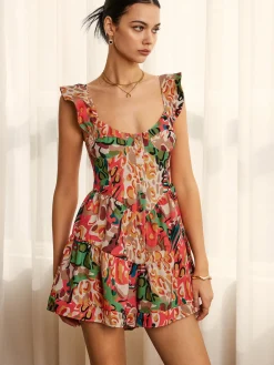 New Print Low Cut Ruffle Short Dress Casual Dresses|Cocktail & Party Dresses