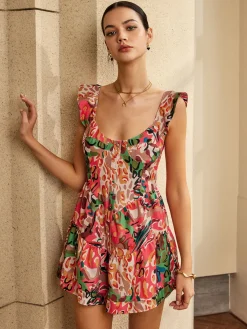 New Print Low Cut Ruffle Short Dress Casual Dresses|Cocktail & Party Dresses