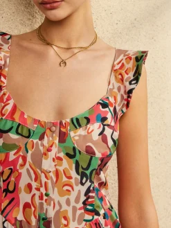 Online Print Low Cut Ruffle Short Dress Casual Dresses|Cocktail & Party Dresses
