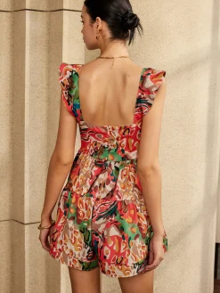 Online Print Low Cut Ruffle Short Dress Casual Dresses|Cocktail & Party Dresses