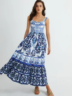Clearance Print Strap Pleated Long Dress Casual Dresses|Vacation Dresses