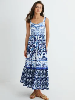 Clearance Print Strap Pleated Long Dress Casual Dresses|Vacation Dresses
