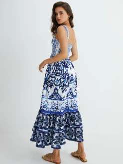 Clearance Print Strap Pleated Long Dress Casual Dresses|Vacation Dresses
