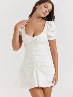 Sale Puff Sleeve Short Shirt Dress White Dresses|Black Dresses
