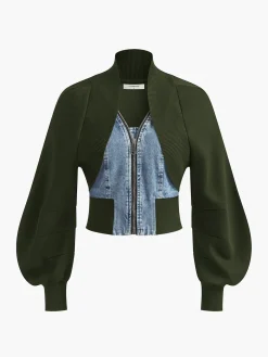 Outlet Puff-Sleeve Denim Panel Slim Jacket Outerwear|Jackets