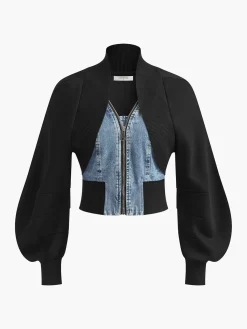 Clearance Puff-Sleeve Denim Panel Slim Jacket Outerwear|Jackets