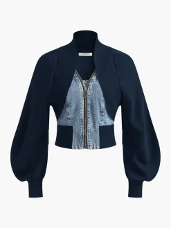 Clearance Puff-Sleeve Denim Panel Slim Jacket Outerwear|Jackets