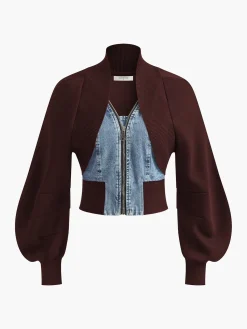 Clearance Puff-Sleeve Denim Panel Slim Jacket Outerwear|Jackets