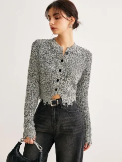 New Raw Hem Button Slim Knit Top Sweater Tops|Sweaters & Cardigans