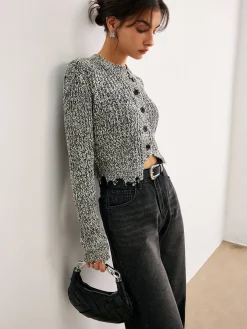New Raw Hem Button Slim Knit Top Sweater Tops|Sweaters & Cardigans