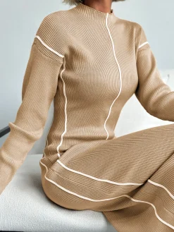 Hot Ribbed Contrast Piping Sweater Dress White Dresses|Black Dresses