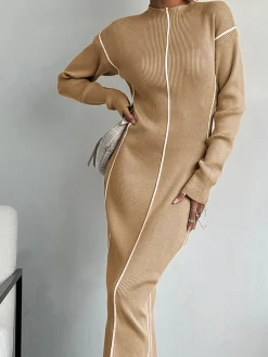 Hot Ribbed Contrast Piping Sweater Dress White Dresses|Black Dresses