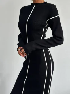 Hot Ribbed Contrast Piping Sweater Dress White Dresses|Black Dresses