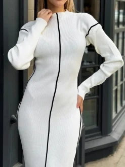 Hot Ribbed Contrast Piping Sweater Dress White Dresses|Black Dresses