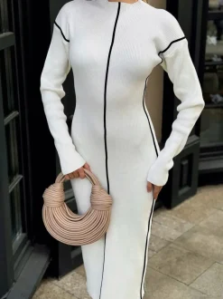 Discount Ribbed Contrast Piping Sweater Dress Sweater Dresses|Work Dresses