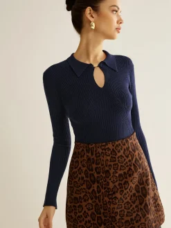 Discount Ribbed Keyhole Neckline Polo Sweater Sweater Tops|Sweaters & Cardigans