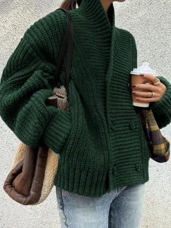 Outlet Ribbed Lapel Button Knit Outerwear Sweater Tops|Outerwear