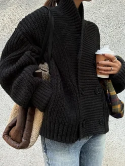 Online Ribbed Lapel Button Knit Outerwear Sweater Tops|Outerwear