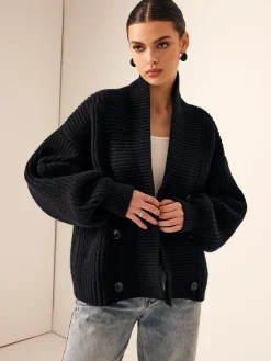 Online Ribbed Lapel Button Knit Outerwear Sweater Tops|Outerwear