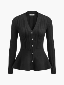 Clearance Ribbed Panel Bud Waist Button Knit Top Sweater Tops|Sweaters & Cardigans