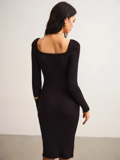 Clearance Ribbed Slim Sweater Midi Dress Black Dresses|Sweater Dresses
