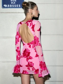 Online Romance Floral Backless Mesh Dress Cocktail & Party Dresses|Vacation Dresses