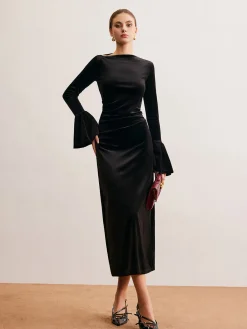 New Ruffle-Cuff Velvet Long Dress Cocktail & Party Dresses|Long Dresses