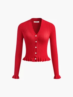 Hot Ruffled Trim Pearl Button Long Sleeve Cardigan Cardigans|Sweaters & Cardigans