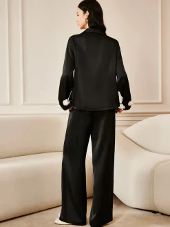 Hot Satin 3D Flower Button Pants Long Sleeve Sets|Pants
