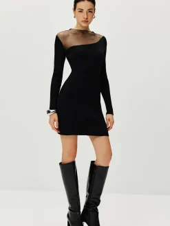Semi-Sheer Panel Sweater Dress Black Dresses|Sweater Dresses