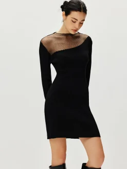 Semi-Sheer Panel Sweater Dress Black Dresses|Sweater Dresses